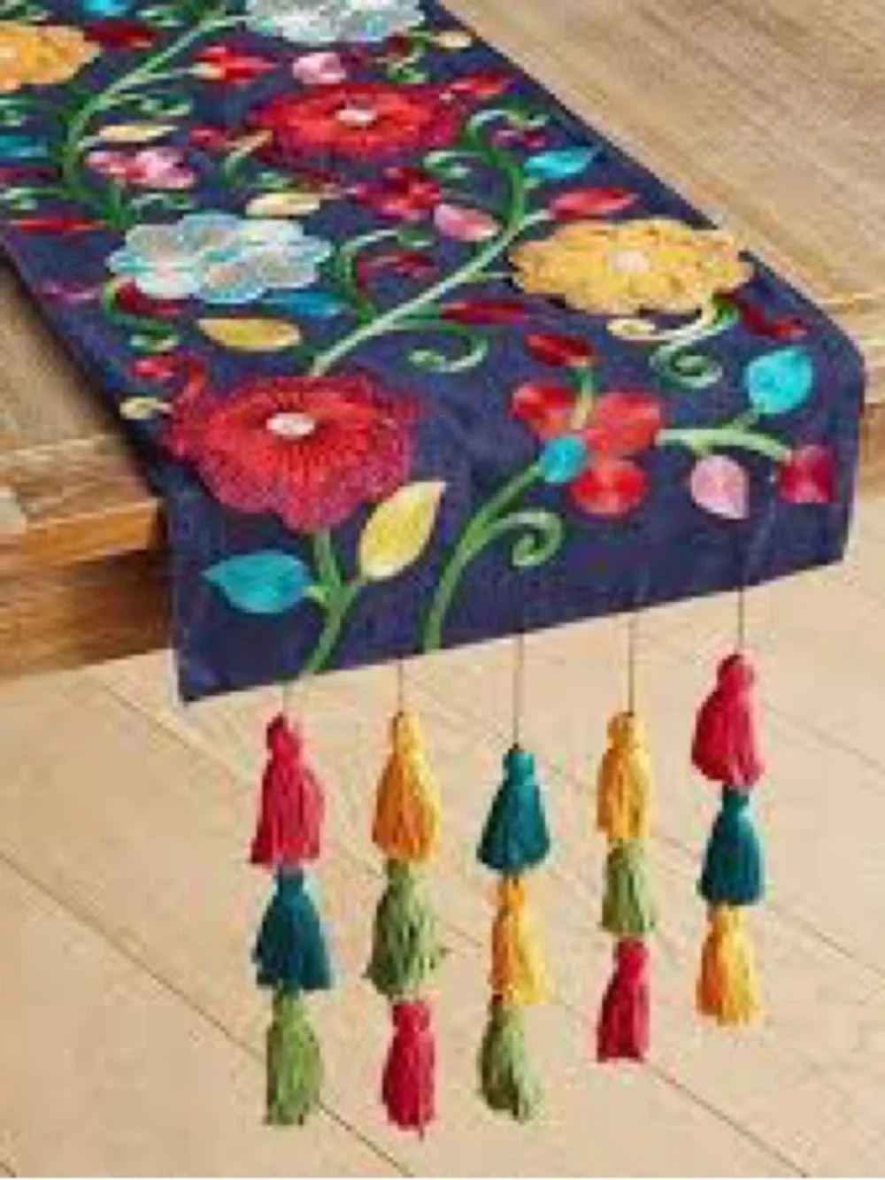 Pier 1 Fiesta Navy Embroidered Floral Table Runner with Multicolor Tassels